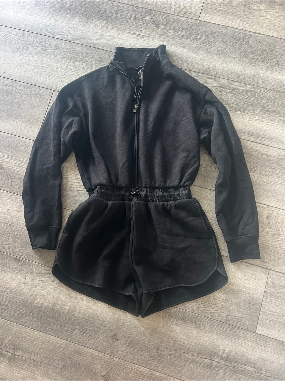 Victorias secret Black Zip-Up Fleece Romper with Cinch Waist